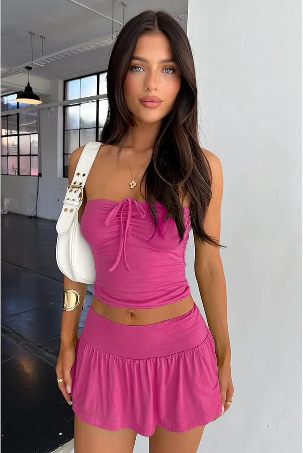 2 Piece Skirt Outfits for Women Y2k Summer Bandeau Going Out Crop Tops and Low Wasit Mini Skorts Sets