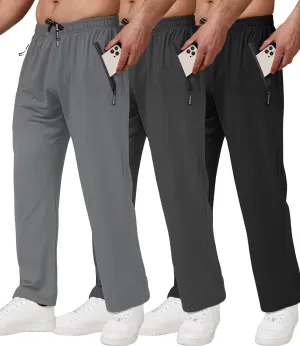 3 Pack Men's Athletic Pants with Zip Pockets, Lightweight, Quick Dry, Workout Sweat Pants