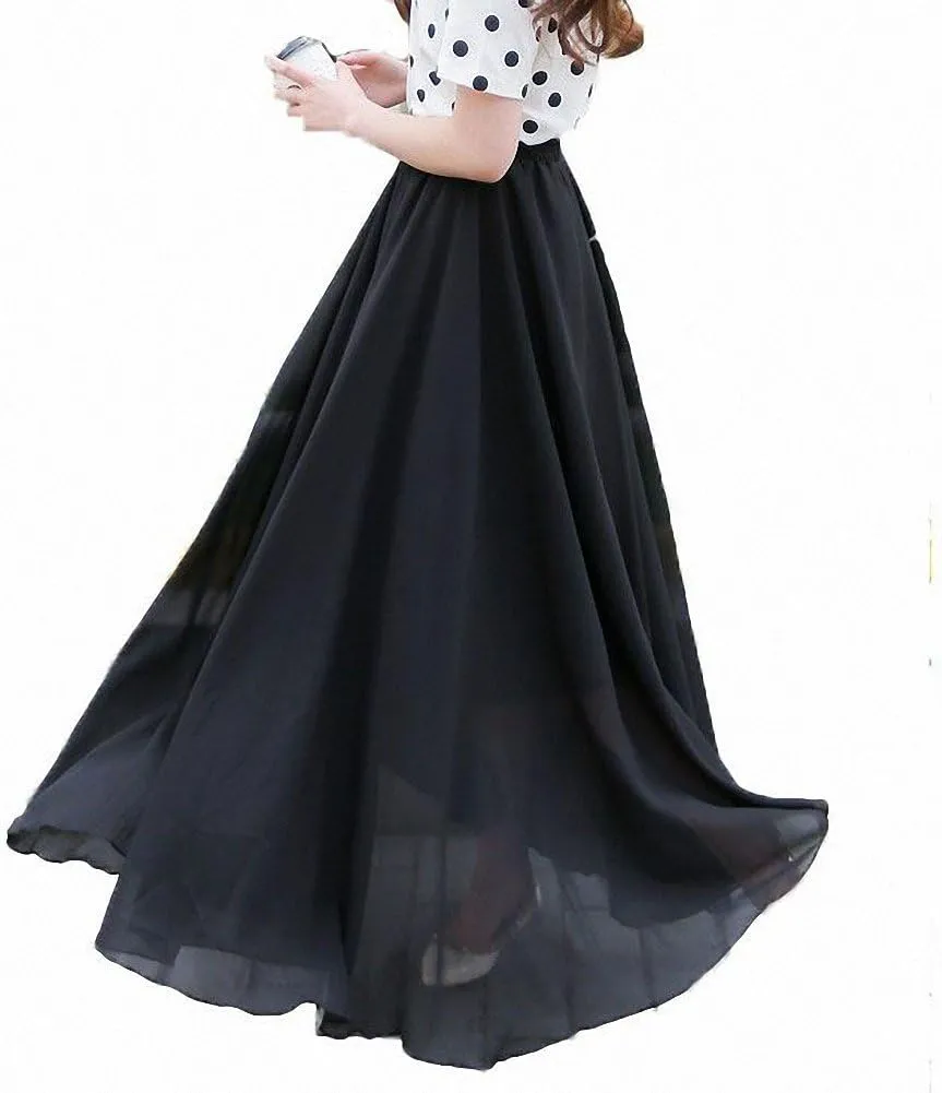 Afibi Womens Chiffon Retro Long Maxi Skirt Beach Ankle Length Skirt