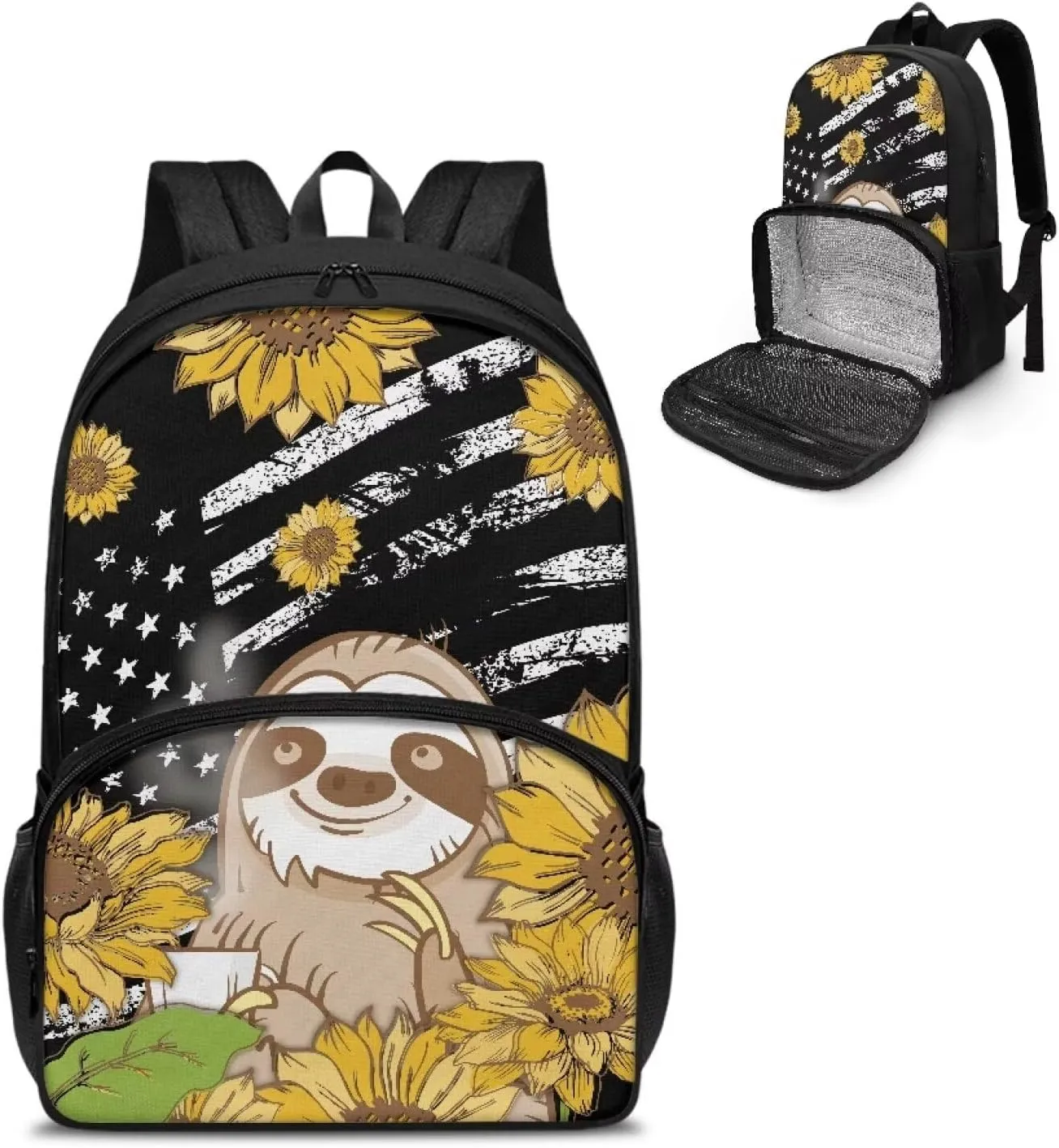 All-in-one Backpack Meal Bag for Unisex Laptop Work Backpack with Insulated Warm Cooler Compartment for School Picnic Camping, Classic American Flag Sloth and Sunflower