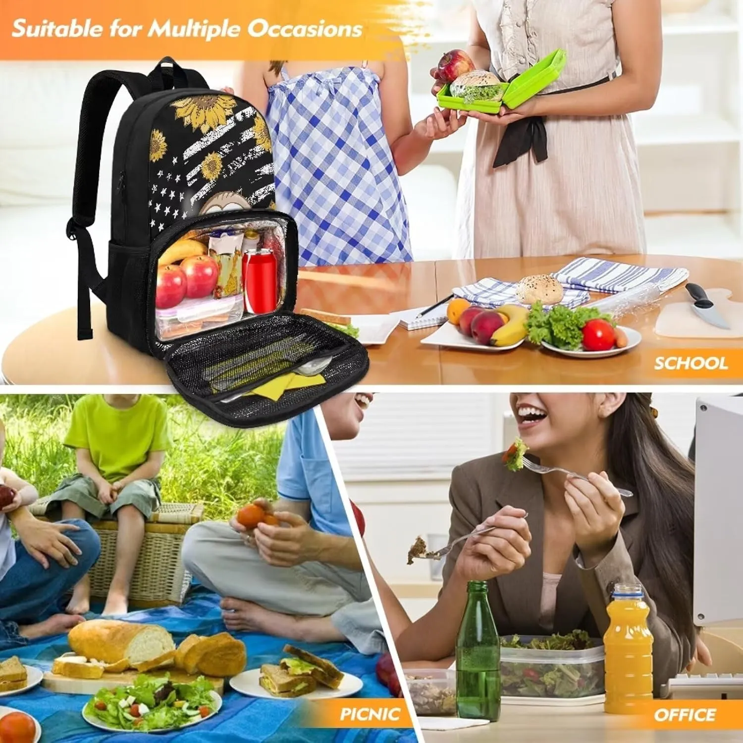 All-in-one Backpack Meal Bag for Unisex Laptop Work Backpack with Insulated Warm Cooler Compartment for School Picnic Camping, Classic American Flag Sloth and Sunflower