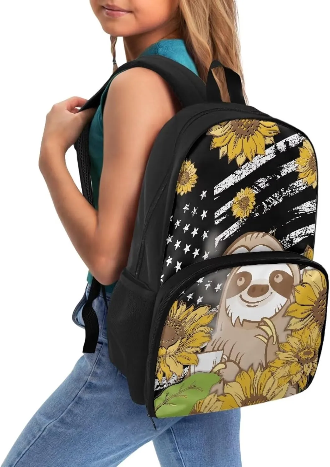 All-in-one Backpack Meal Bag for Unisex Laptop Work Backpack with Insulated Warm Cooler Compartment for School Picnic Camping, Classic American Flag Sloth and Sunflower