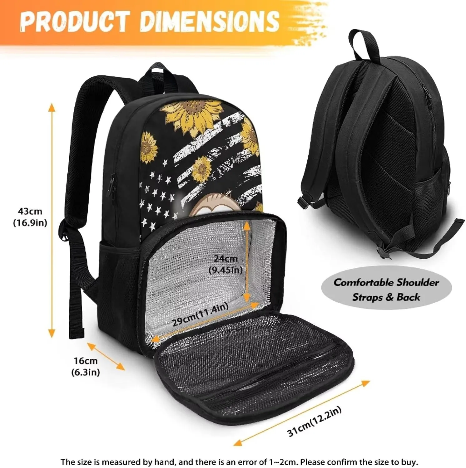 All-in-one Backpack Meal Bag for Unisex Laptop Work Backpack with Insulated Warm Cooler Compartment for School Picnic Camping, Classic American Flag Sloth and Sunflower