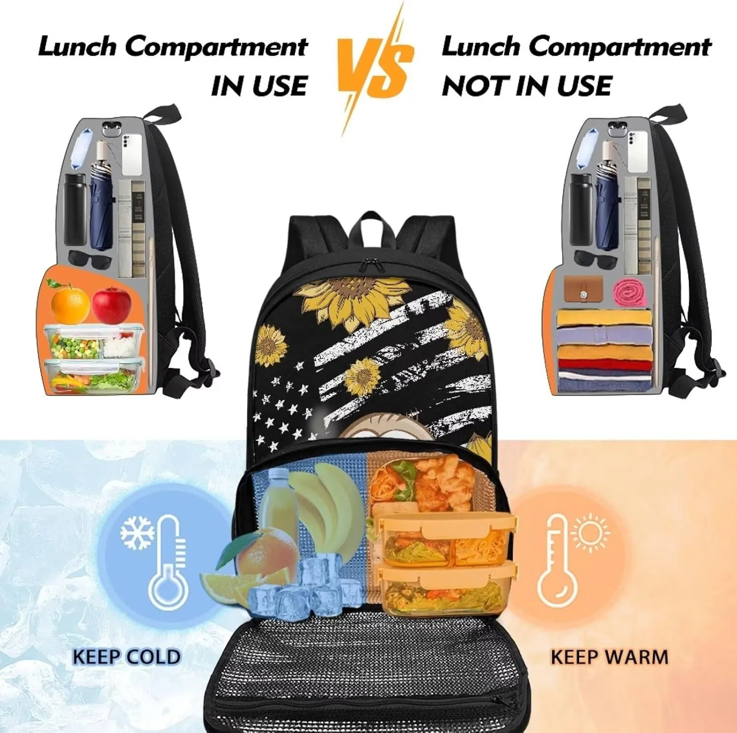 All-in-one Backpack Meal Bag for Unisex Laptop Work Backpack with Insulated Warm Cooler Compartment for School Picnic Camping, Classic American Flag Sloth and Sunflower