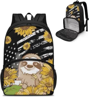 All-in-one Backpack Meal Bag for Unisex Laptop Work Backpack with Insulated Warm Cooler Compartment for School Picnic Camping, Classic American Flag Sloth and Sunflower
