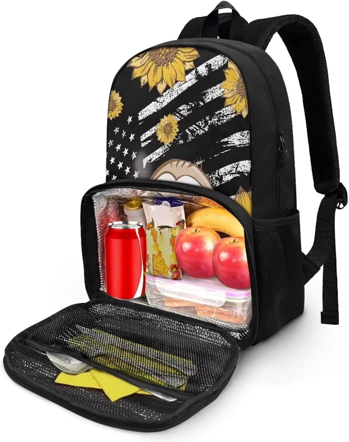All-in-one Backpack Meal Bag for Unisex Laptop Work Backpack with Insulated Warm Cooler Compartment for School Picnic Camping, Classic American Flag Sloth and Sunflower