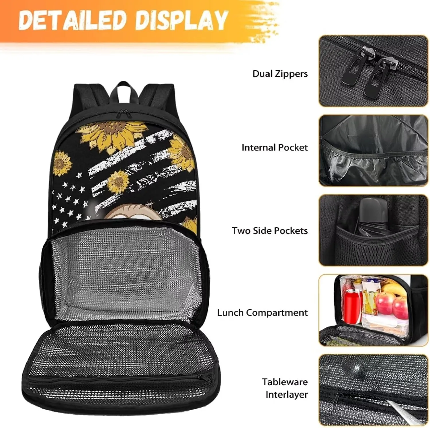 All-in-one Backpack Meal Bag for Unisex Laptop Work Backpack with Insulated Warm Cooler Compartment for School Picnic Camping, Classic American Flag Sloth and Sunflower