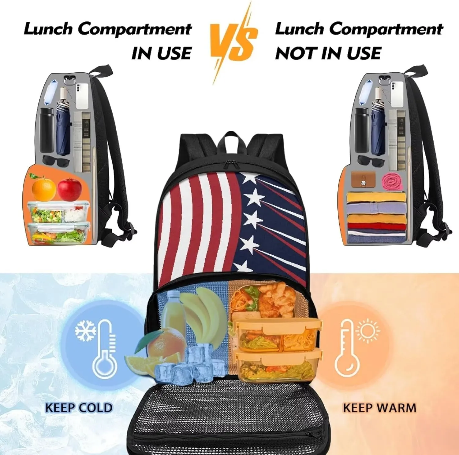 All-in-one Backpack Meal Bag for Women Men Large Capacity Laptop Work Backpack with Insulated Warm Cooler Compartment for School Picnic Hiking and Camping, Classic American Flag Stripes