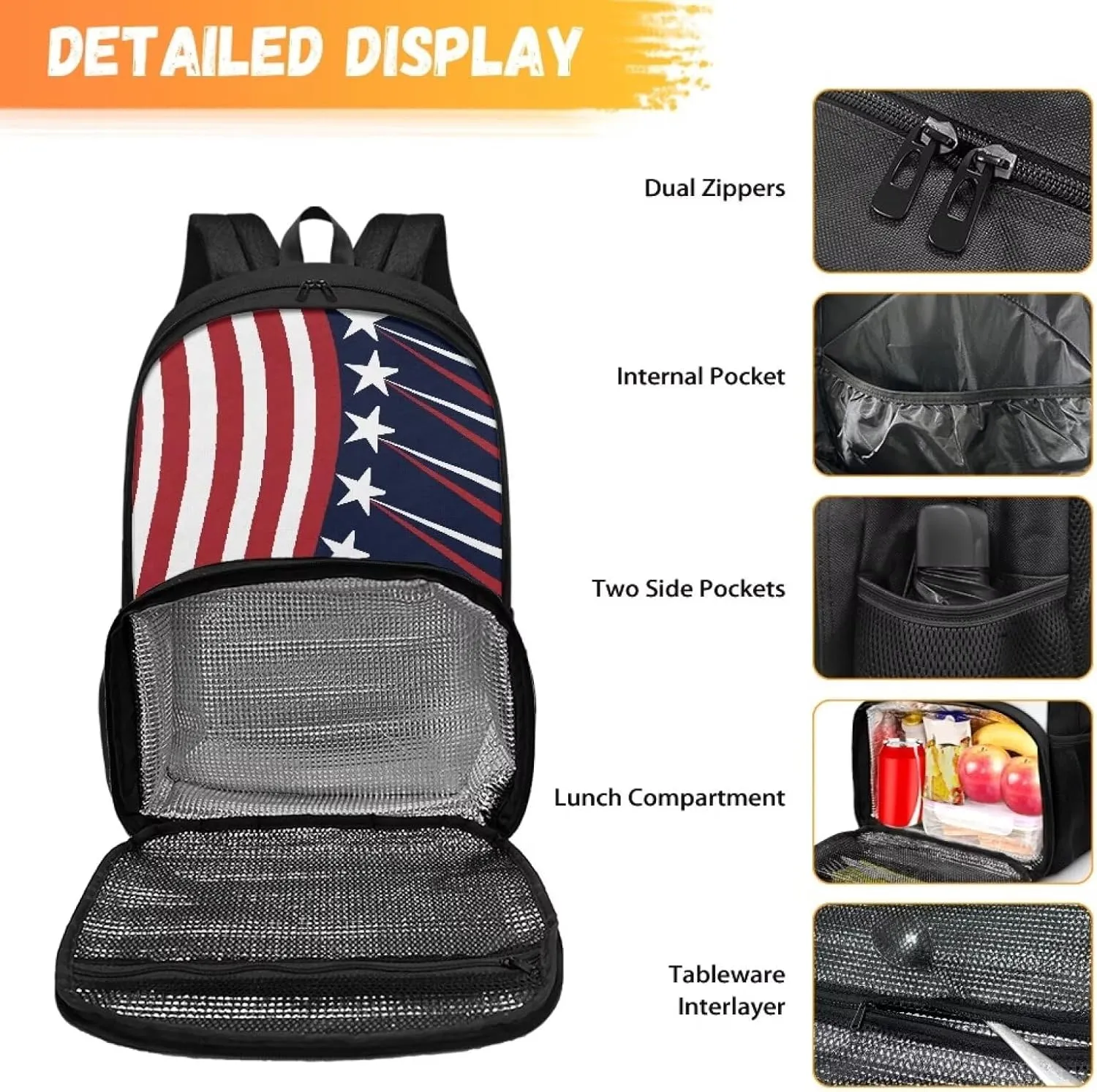 All-in-one Backpack Meal Bag for Women Men Large Capacity Laptop Work Backpack with Insulated Warm Cooler Compartment for School Picnic Hiking and Camping, Classic American Flag Stripes