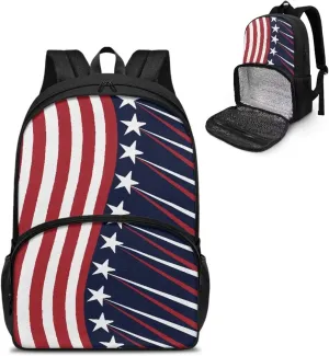 All-in-one Backpack Meal Bag for Women Men Large Capacity Laptop Work Backpack with Insulated Warm Cooler Compartment for School Picnic Hiking and Camping, Classic American Flag Stripes