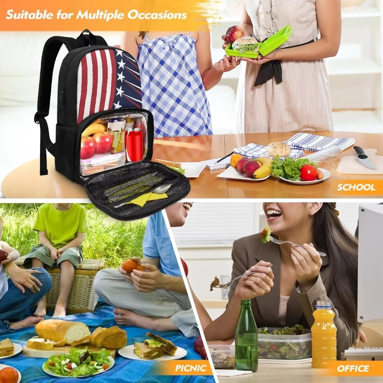 All-in-one Backpack Meal Bag for Women Men Large Capacity Laptop Work Backpack with Insulated Warm Cooler Compartment for School Picnic Hiking and Camping, Classic American Flag Stripes