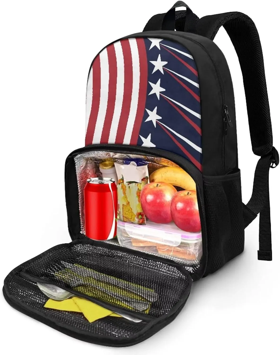 All-in-one Backpack Meal Bag for Women Men Large Capacity Laptop Work Backpack with Insulated Warm Cooler Compartment for School Picnic Hiking and Camping, Classic American Flag Stripes