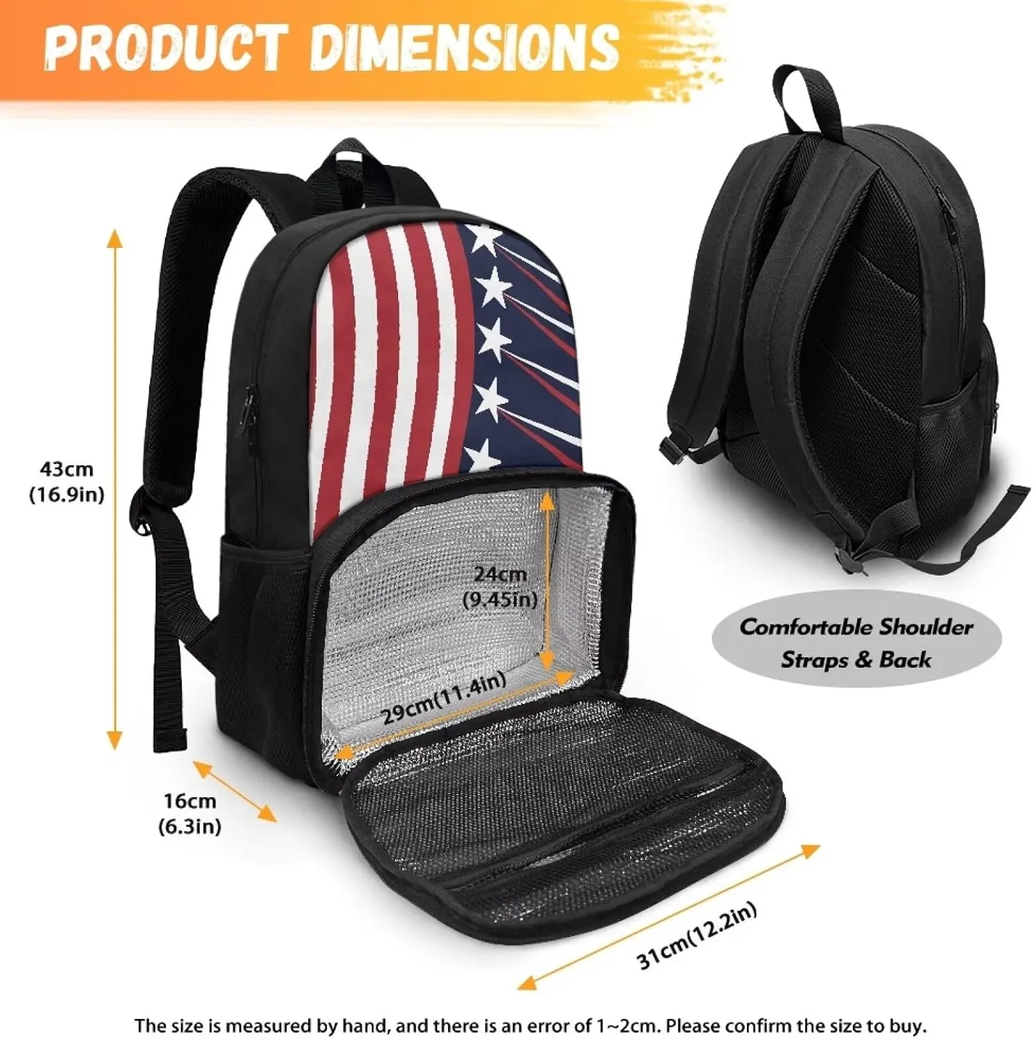 All-in-one Backpack Meal Bag for Women Men Large Capacity Laptop Work Backpack with Insulated Warm Cooler Compartment for School Picnic Hiking and Camping, Classic American Flag Stripes