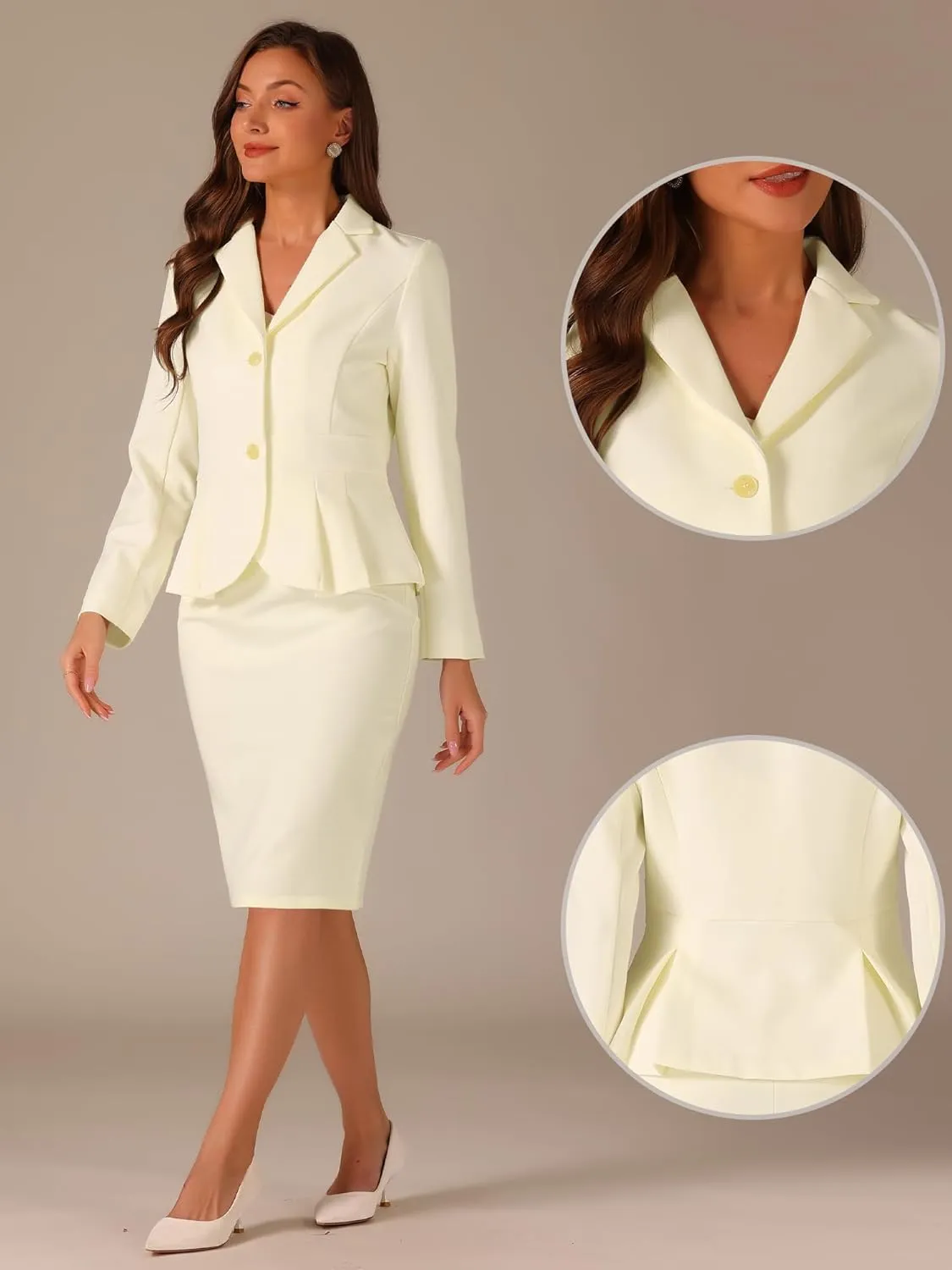 Allegra K Skirt Suit Sets for Women's 2 Piece Formal Office Notched Lapel Peplum Jacket Blazer Pencil Skirts Set