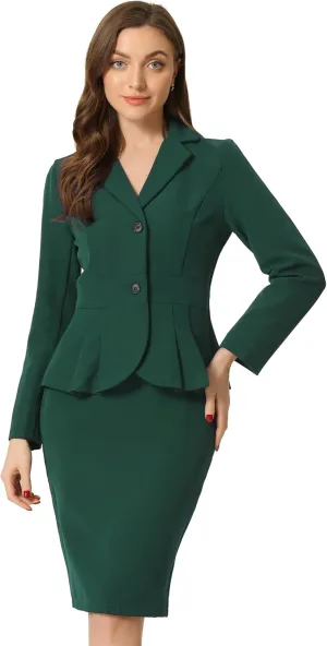 Allegra K Skirt Suit Sets for Women's 2 Piece Formal Office Notched Lapel Peplum Jacket Blazer Pencil Skirts Set