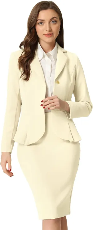 Allegra K Skirt Suit Sets for Women's 2 Piece Formal Office Notched Lapel Peplum Jacket Blazer Pencil Skirts Set