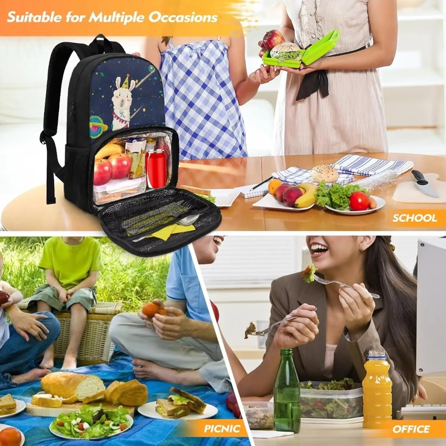 Alpaca and Planet All-in-one Backpack Meal Bag for Women Men Large Capacity Laptop Work Backpack with Insulated Warm Cooler Compartment for School Picnic Hiking and Camping