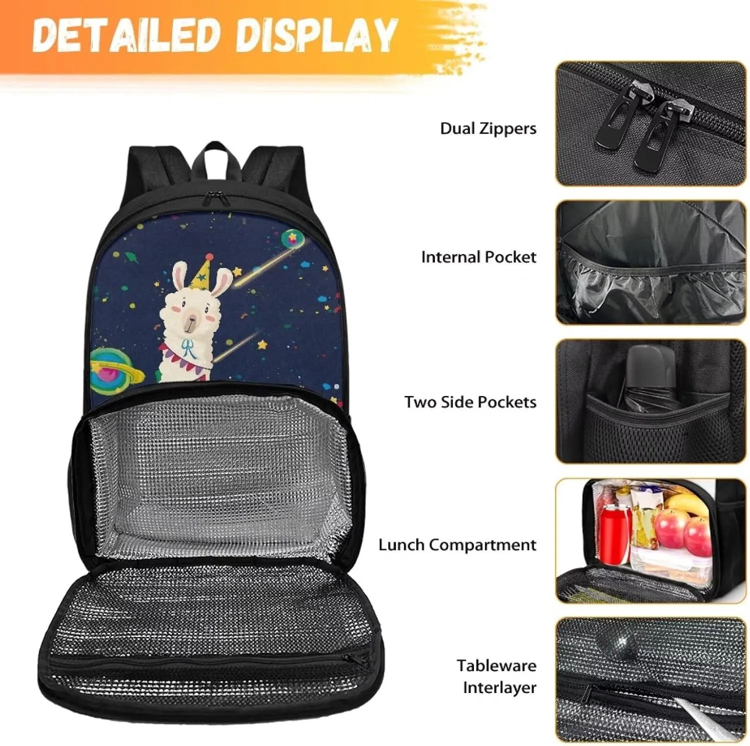 Alpaca and Planet All-in-one Backpack Meal Bag for Women Men Large Capacity Laptop Work Backpack with Insulated Warm Cooler Compartment for School Picnic Hiking and Camping