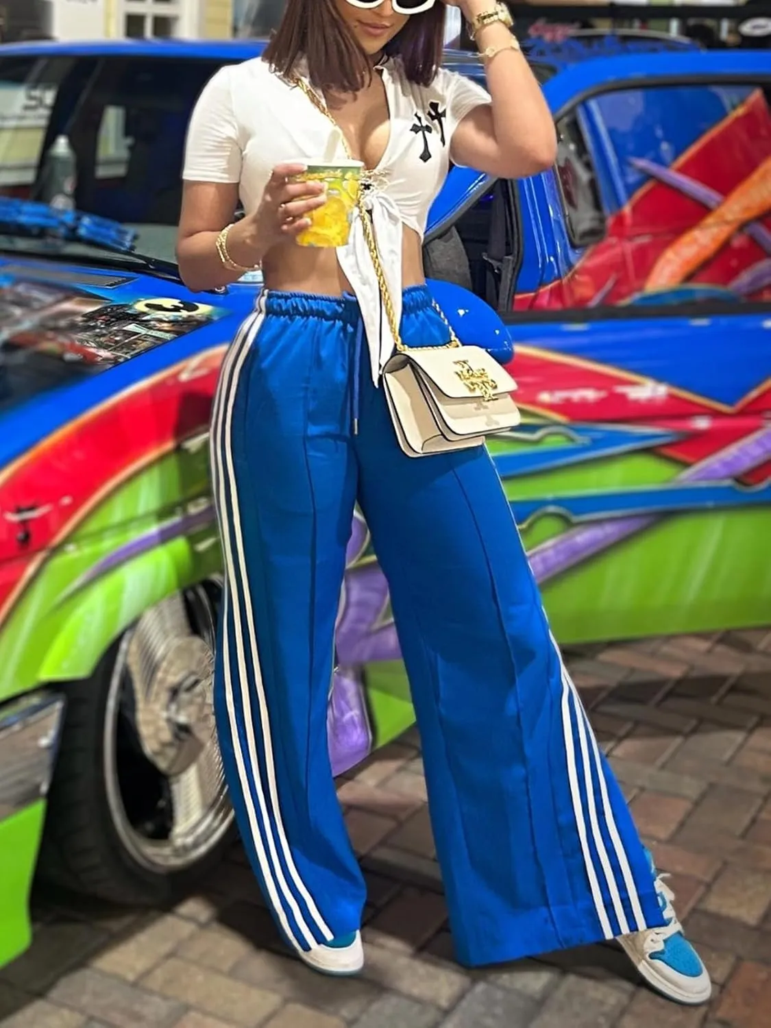 Alunzoem Womens Wide Leg Pants High Waist Striped Side Slit Stretch Casual Loose Drawstring Pant Trousers