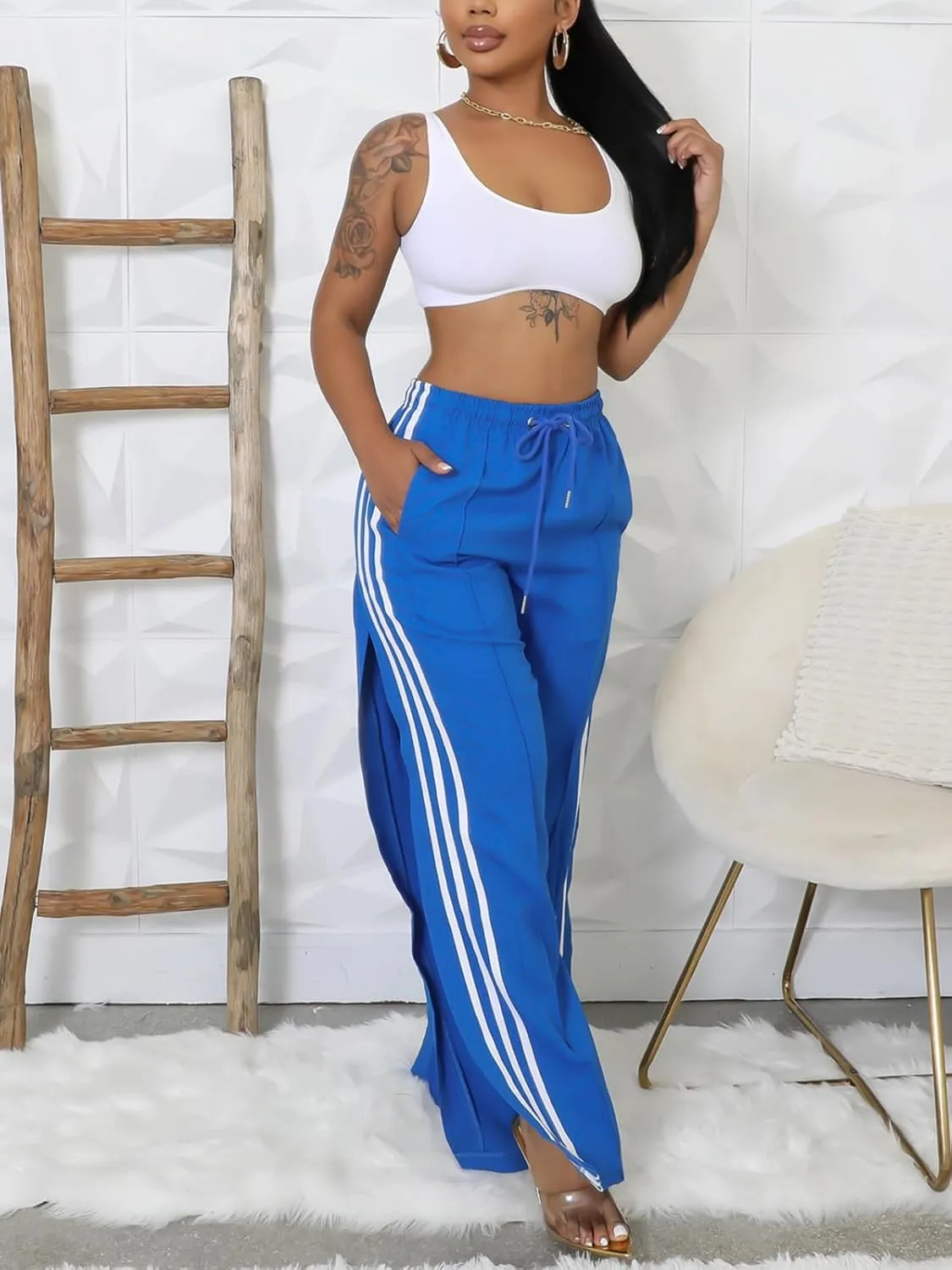 Alunzoem Womens Wide Leg Pants High Waist Striped Side Slit Stretch Casual Loose Drawstring Pant Trousers