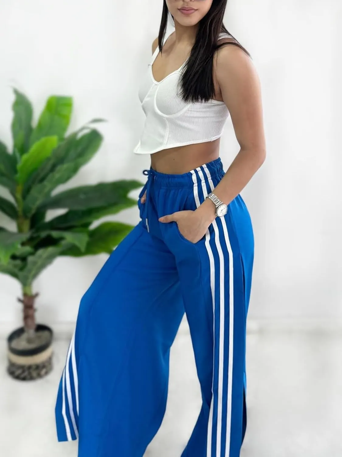 Alunzoem Womens Wide Leg Pants High Waist Striped Side Slit Stretch Casual Loose Drawstring Pant Trousers