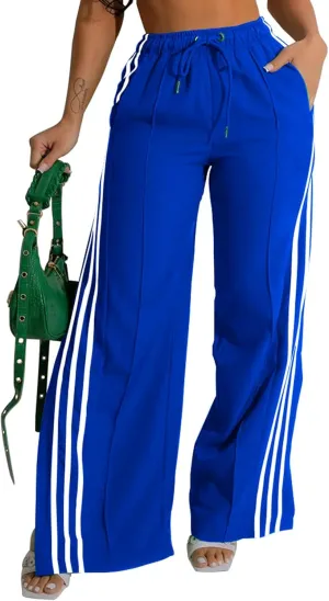 Alunzoem Womens Wide Leg Pants High Waist Striped Side Slit Stretch Casual Loose Drawstring Pant Trousers