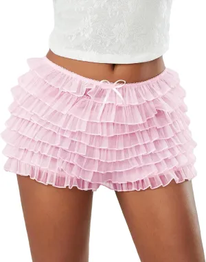 Aonoapll Women Lolita Ruffle Shorts Kawaii Lace Layered Mini Shorts Y2k Sheer Bloomers Shorts Cute Pumpkin Pettipants