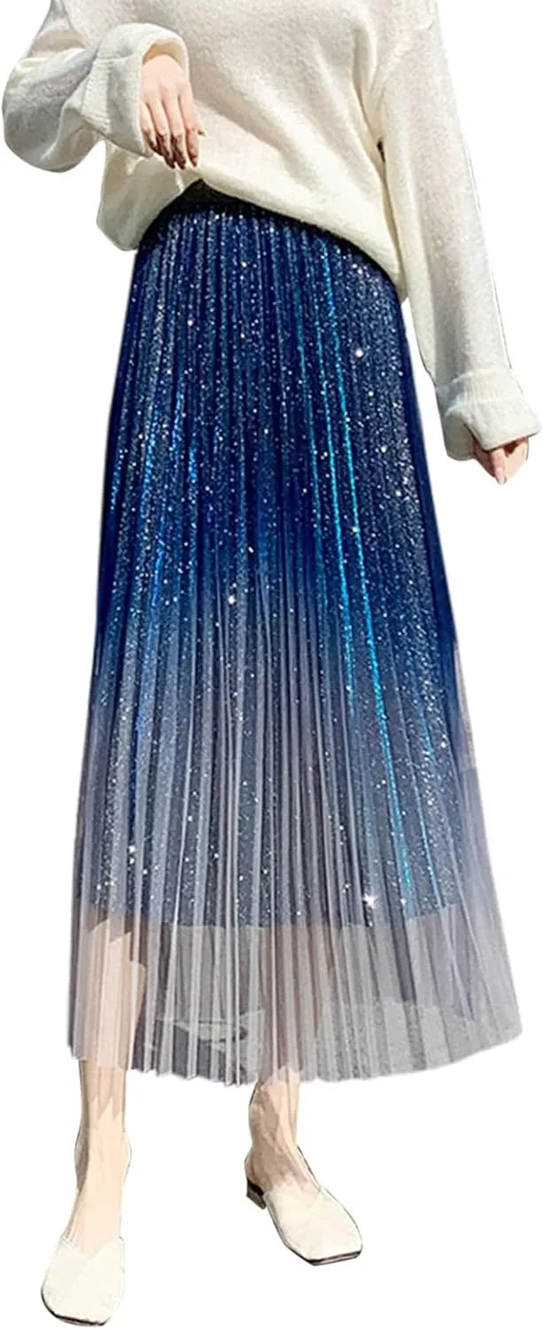 Autumn and Winter Gradient Starry Sky Shiny Silk Pink Mesh Hem Skirt A Line Pleated Midi Skirt Women Anime Skirt