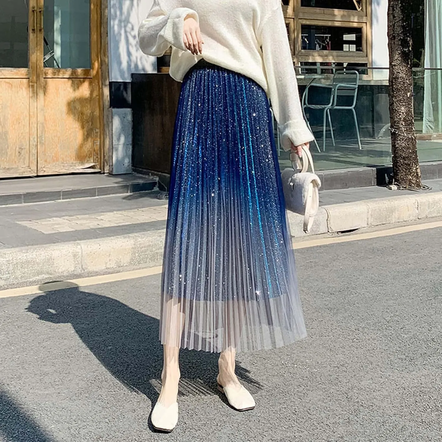 Autumn and Winter Gradient Starry Sky Shiny Silk Pink Mesh Hem Skirt A Line Pleated Midi Skirt Women Anime Skirt