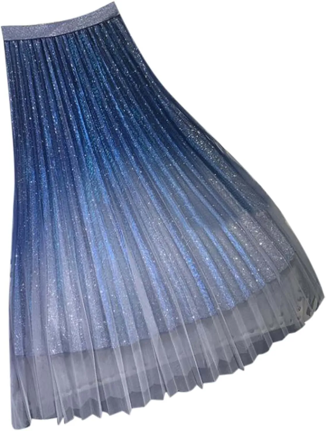 Autumn and Winter Gradient Starry Sky Shiny Silk Pink Mesh Hem Skirt A Line Pleated Midi Skirt Women Anime Skirt