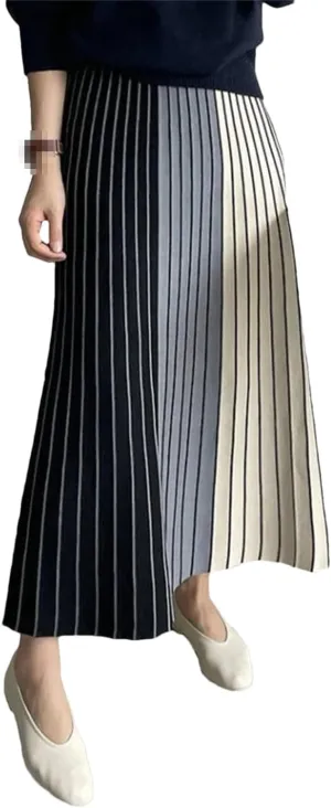 Autumn Winter Knitting Skirt High Waist Long Pencil Skirt Women Knitted Maxi Skirt Warm Thick Midi Stripe Skirt