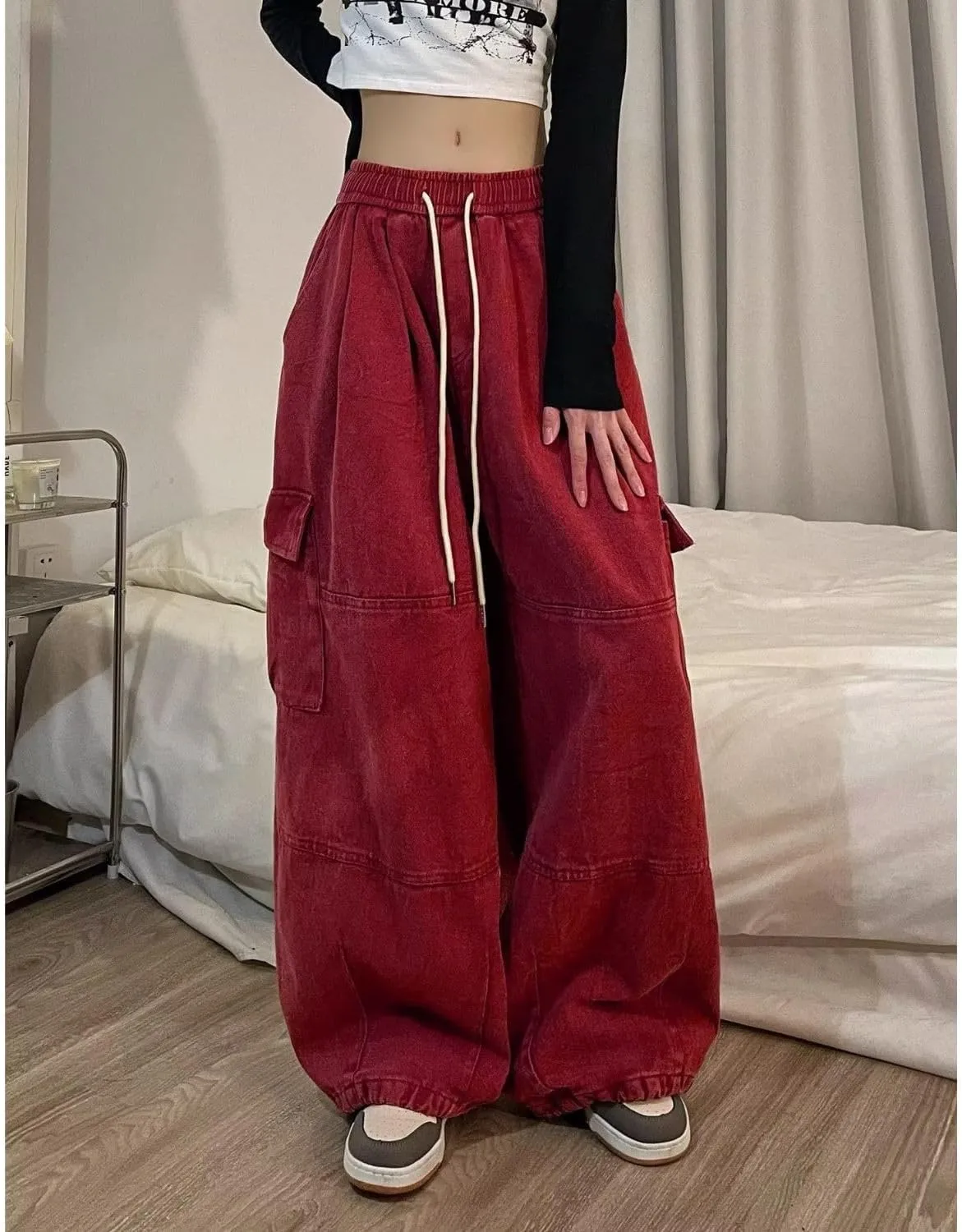Baggy Cargo Pants for Women Men Y2k Wide Leg Sweatpants High Waisted Drawstring Pants Hip Hop Clothes