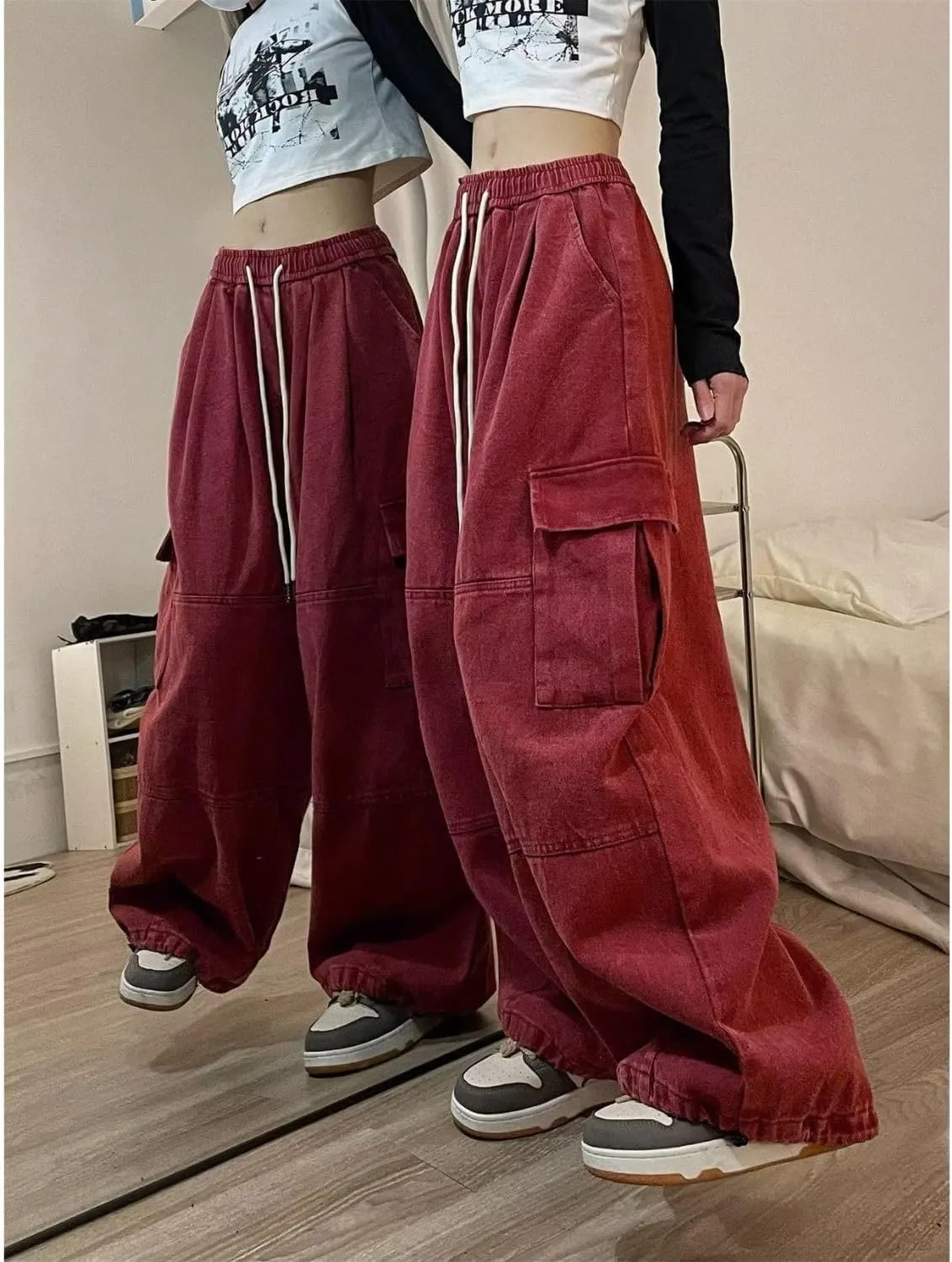Baggy Cargo Pants for Women Men Y2k Wide Leg Sweatpants High Waisted Drawstring Pants Hip Hop Clothes