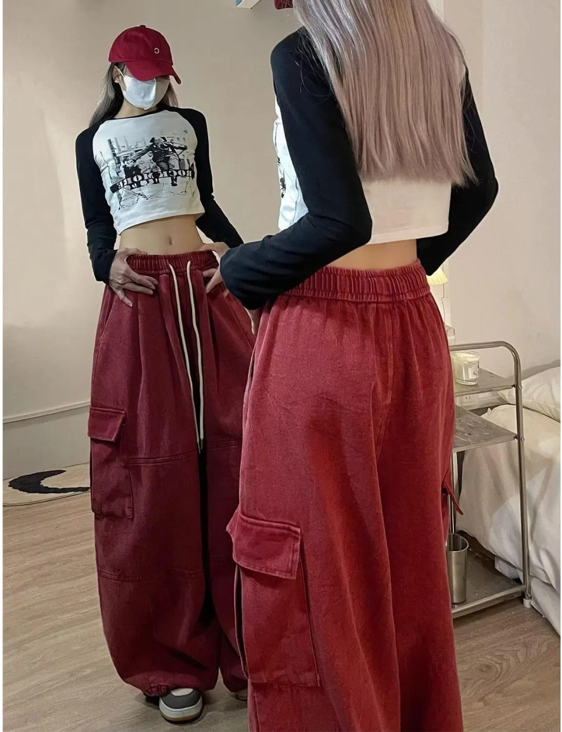Baggy Cargo Pants for Women Men Y2k Wide Leg Sweatpants High Waisted Drawstring Pants Hip Hop Clothes