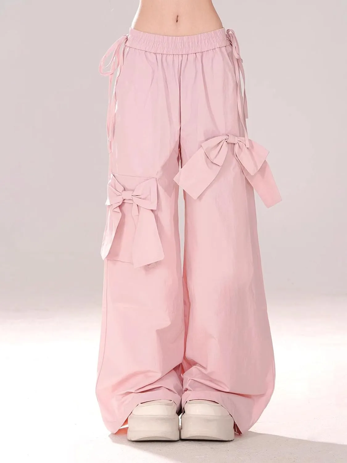Baggy Cargo Pants with Pockets Women Drawstring High Waisted Cute Bow Y2K Casual Wide Leg Trousers Lounge Pants