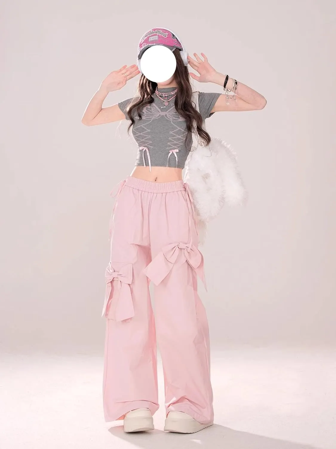 Baggy Cargo Pants with Pockets Women Drawstring High Waisted Cute Bow Y2K Casual Wide Leg Trousers Lounge Pants