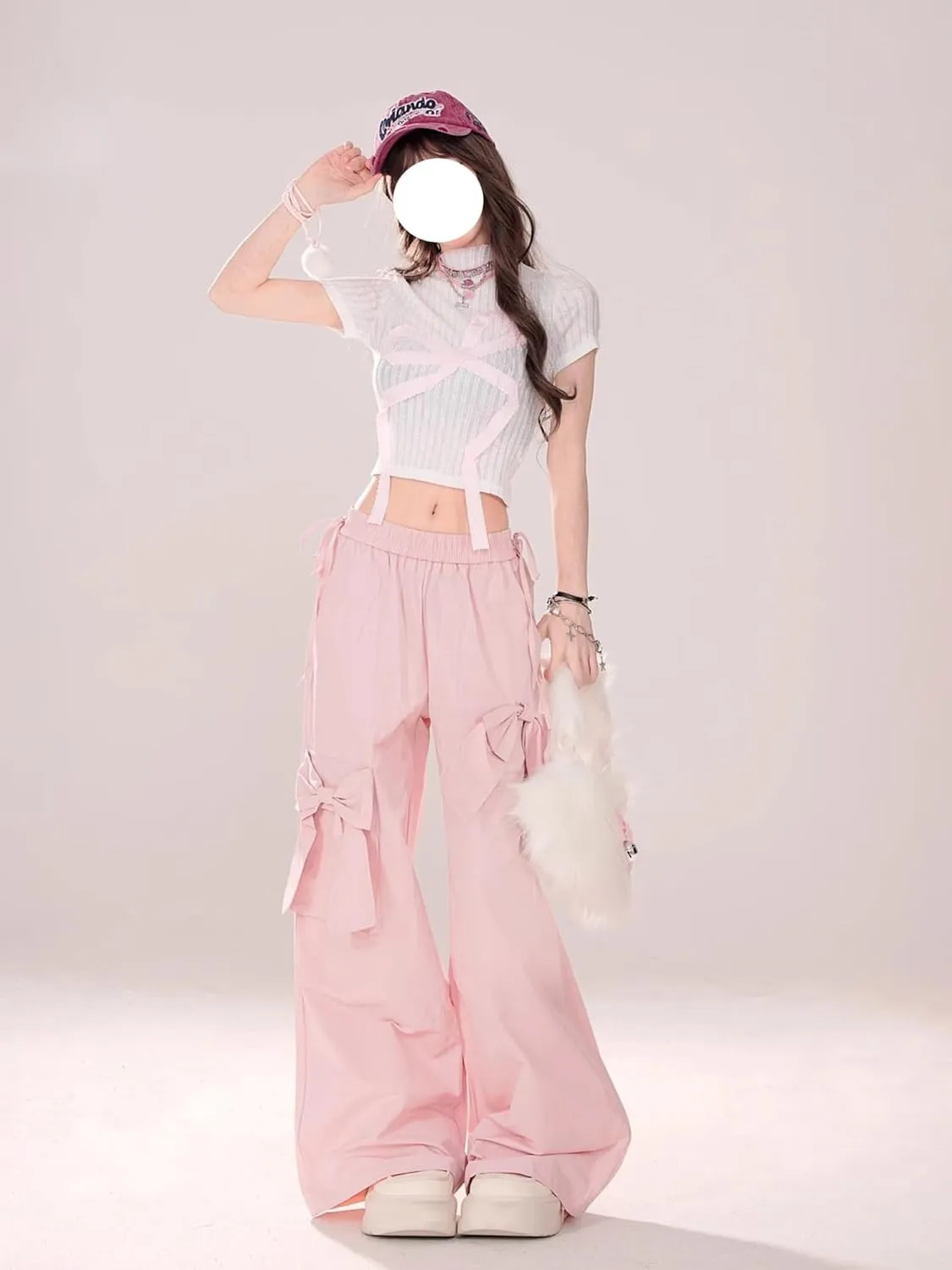Baggy Cargo Pants with Pockets Women Drawstring High Waisted Cute Bow Y2K Casual Wide Leg Trousers Lounge Pants