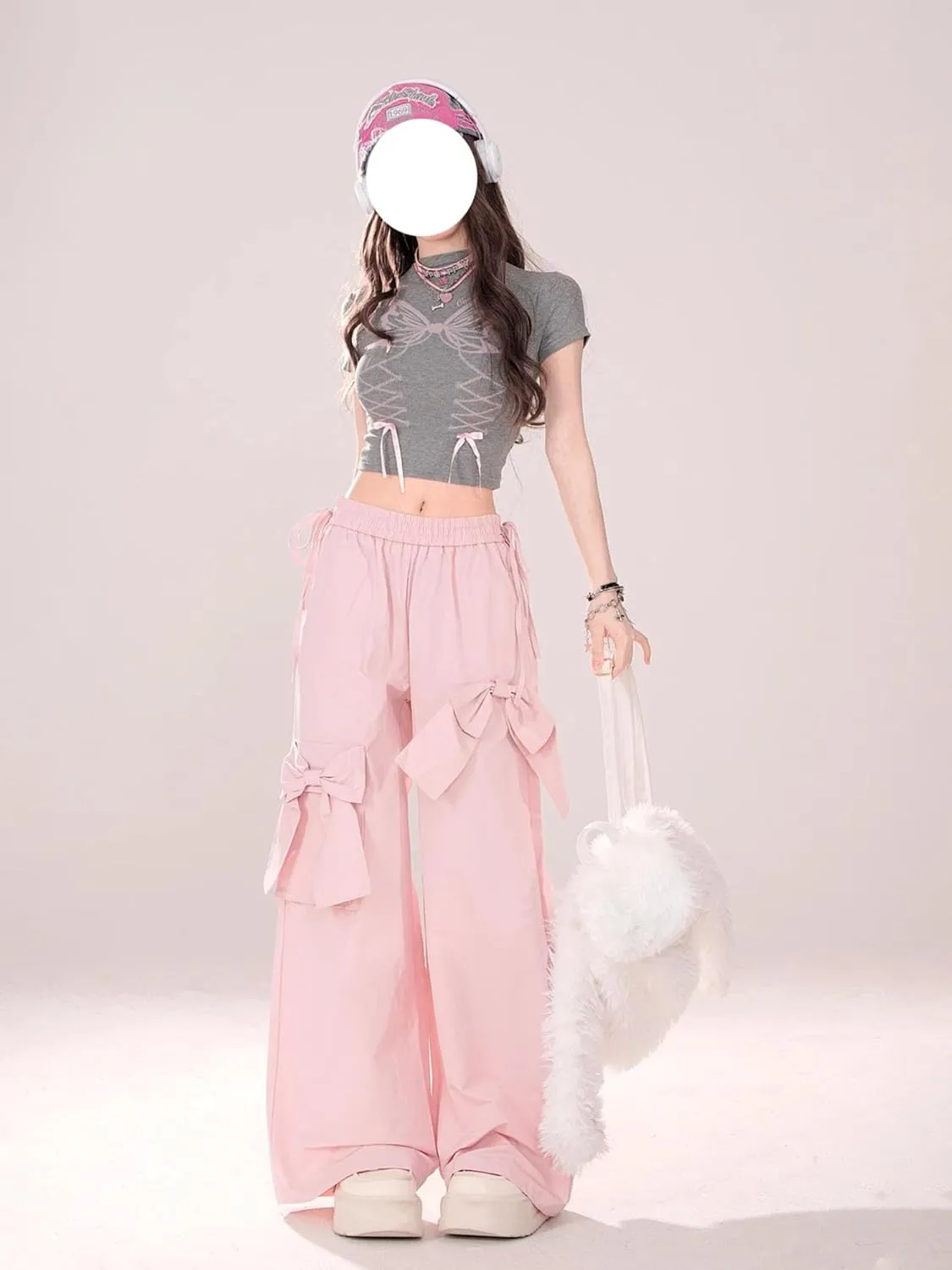 Baggy Cargo Pants with Pockets Women Drawstring High Waisted Cute Bow Y2K Casual Wide Leg Trousers Lounge Pants