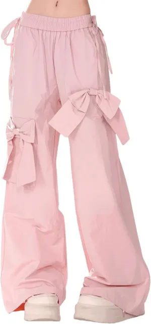 Baggy Cargo Pants with Pockets Women Drawstring High Waisted Cute Bow Y2K Casual Wide Leg Trousers Lounge Pants