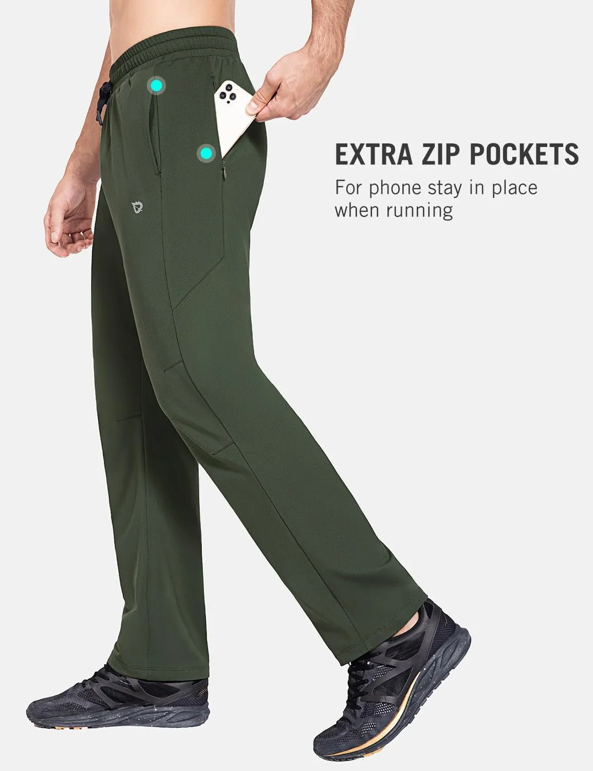 baleaf Men's Fleece Lined Water Resistant Pants Winter Thermal Sweatpants with Zipper Pockets Warm Open Bottom