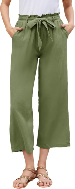 BATHRINS Women Cotton Linen Casual Flowy Pants Boho Tie Knot Palazzo Beach Pants Loose Wide Leg Trousers with Pockets