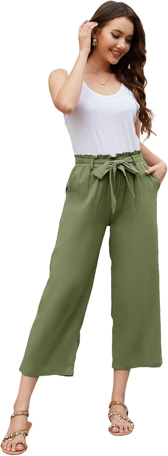 BATHRINS Women Cotton Linen Casual Flowy Pants Boho Tie Knot Palazzo Beach Pants Loose Wide Leg Trousers with Pockets