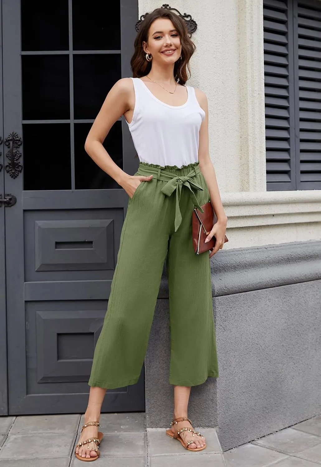 BATHRINS Women Cotton Linen Casual Flowy Pants Boho Tie Knot Palazzo Beach Pants Loose Wide Leg Trousers with Pockets