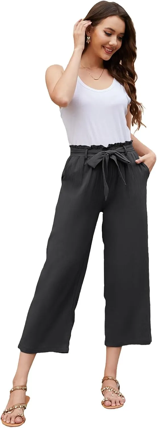 BATHRINS Women Cotton Linen Casual Flowy Pants Boho Tie Knot Palazzo Beach Pants Loose Wide Leg Trousers with Pockets
