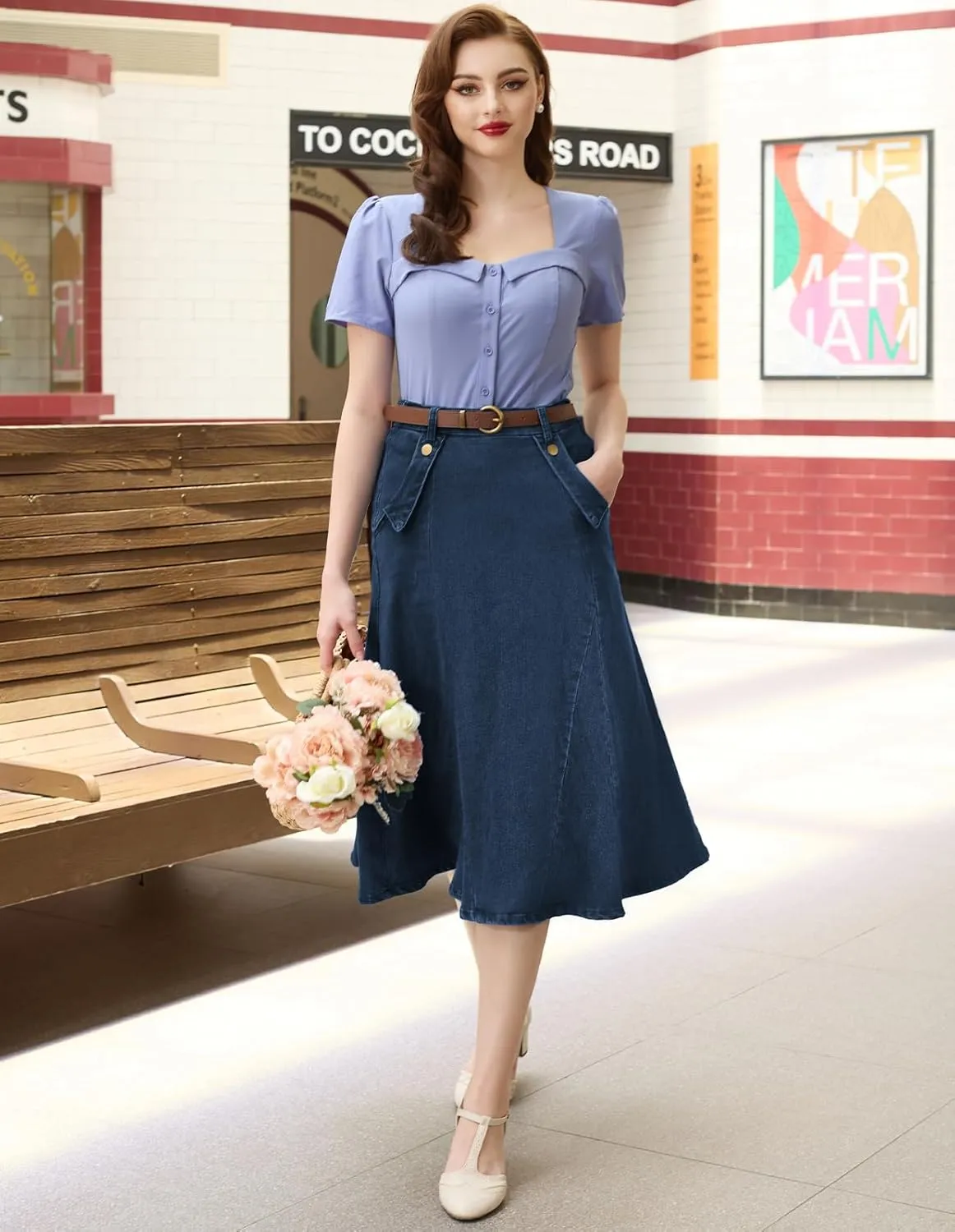 Belle Poque Women's Denim Skirts Vintage Elastic High Waist A-Line Long Maxi Jean Skirts with Pockets