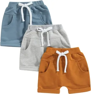 BHMAWSRT Infant Baby Boy Summer Shorts 3-Pack Toddler Shorts Boys Solid Color Newborn Soft Sweat Shorts with Drawstring