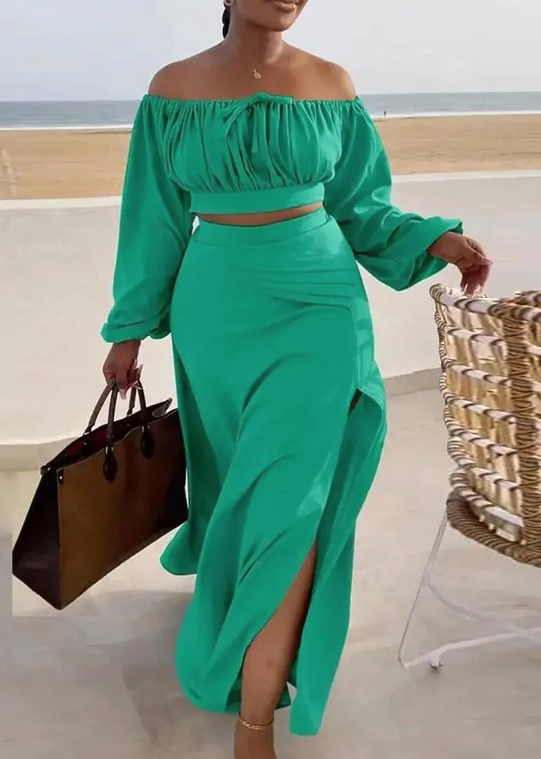 Bluewolfsea Women Sexy 2 Piece Outfits Long Sleeve Off Shoulder Crop Top Slit Maxi Skirt Set Two Piece Maxi Dress