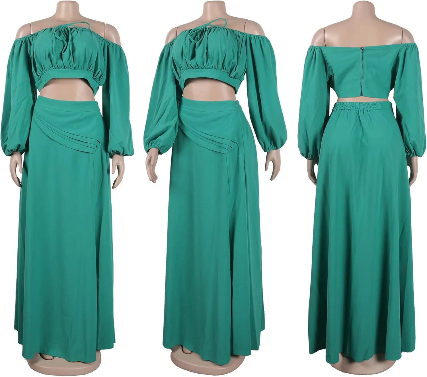 Bluewolfsea Women Sexy 2 Piece Outfits Long Sleeve Off Shoulder Crop Top Slit Maxi Skirt Set Two Piece Maxi Dress