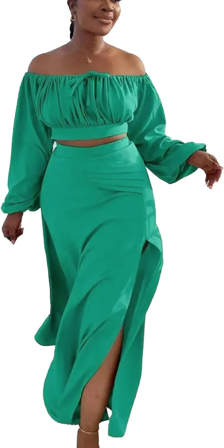 Bluewolfsea Women Sexy 2 Piece Outfits Long Sleeve Off Shoulder Crop Top Slit Maxi Skirt Set Two Piece Maxi Dress