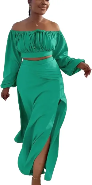 Bluewolfsea Women Sexy 2 Piece Outfits Long Sleeve Off Shoulder Crop Top Slit Maxi Skirt Set Two Piece Maxi Dress